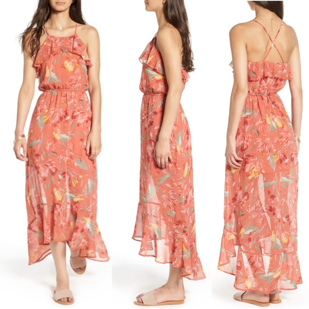 As You Wish Print Ruffle High/Low Maxi Dress M